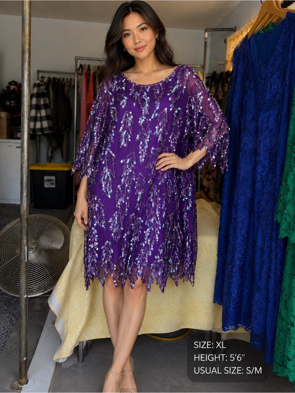 Scala Purple Sequin & Beaded Asymmetrical Sheer Overlay Dress